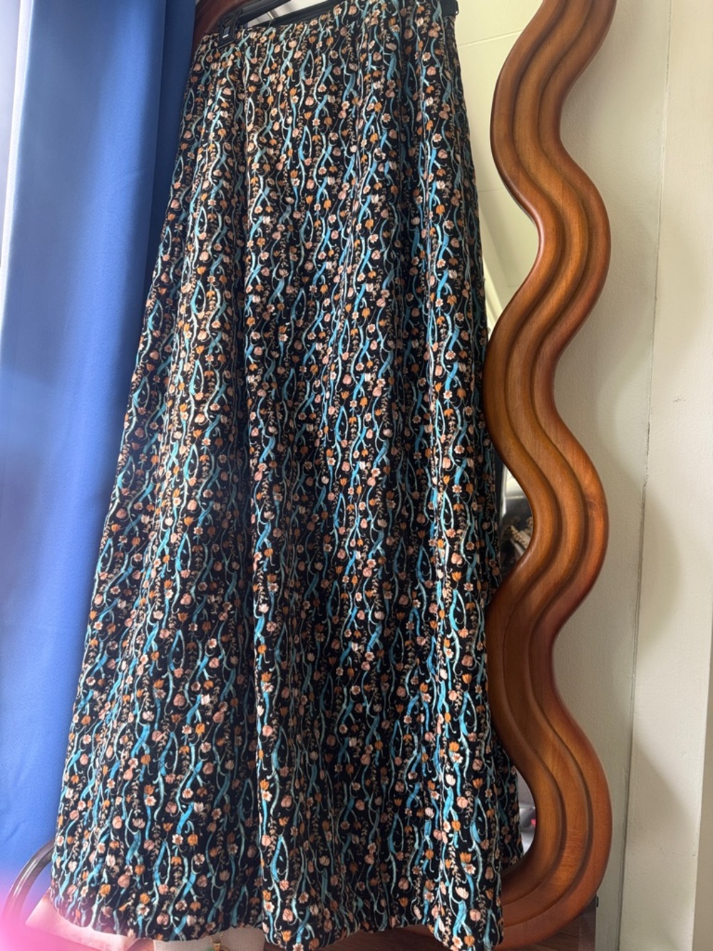 Vintage Velvet Made in Italy Black Floral Maxi Skirt with Teal Accents
